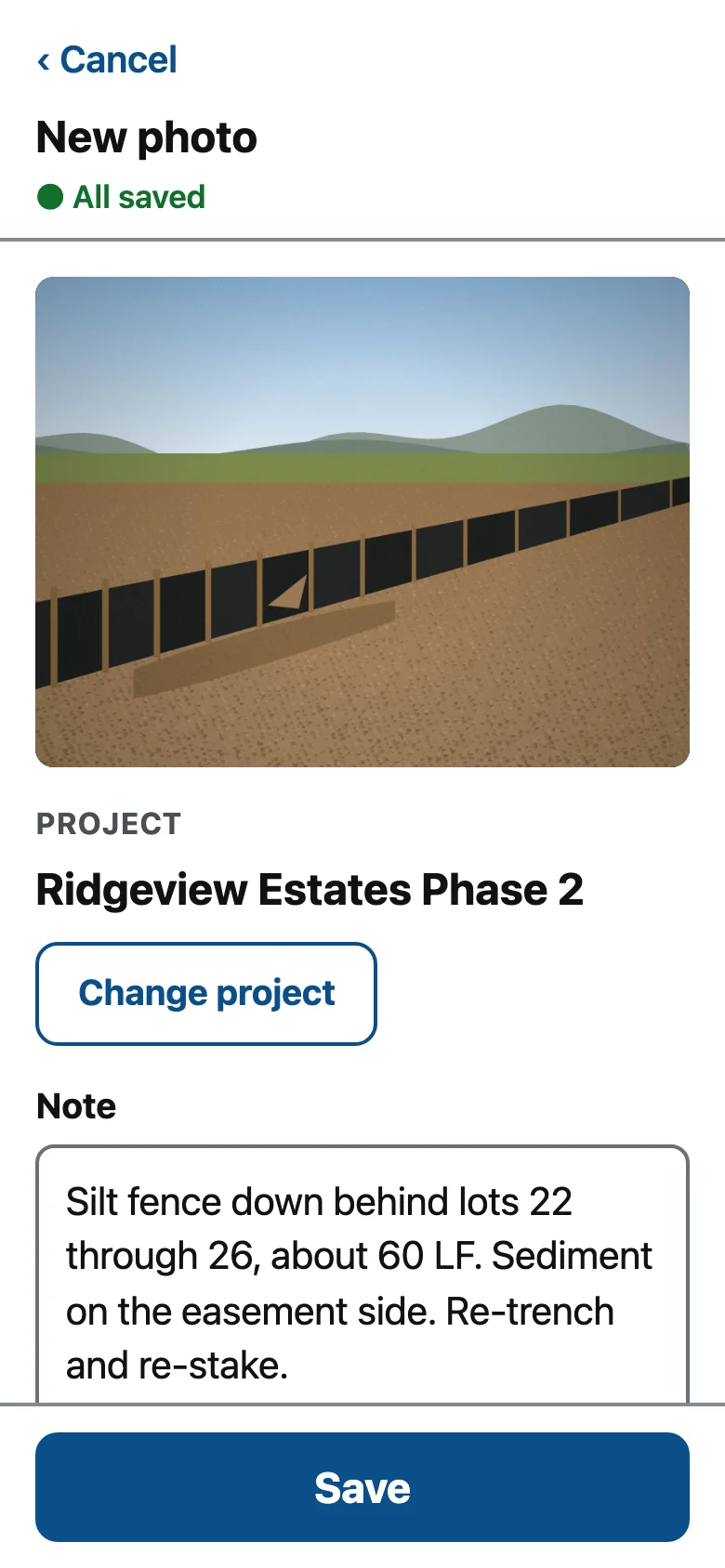 New photo screen with the project matched by location and a dictated note.