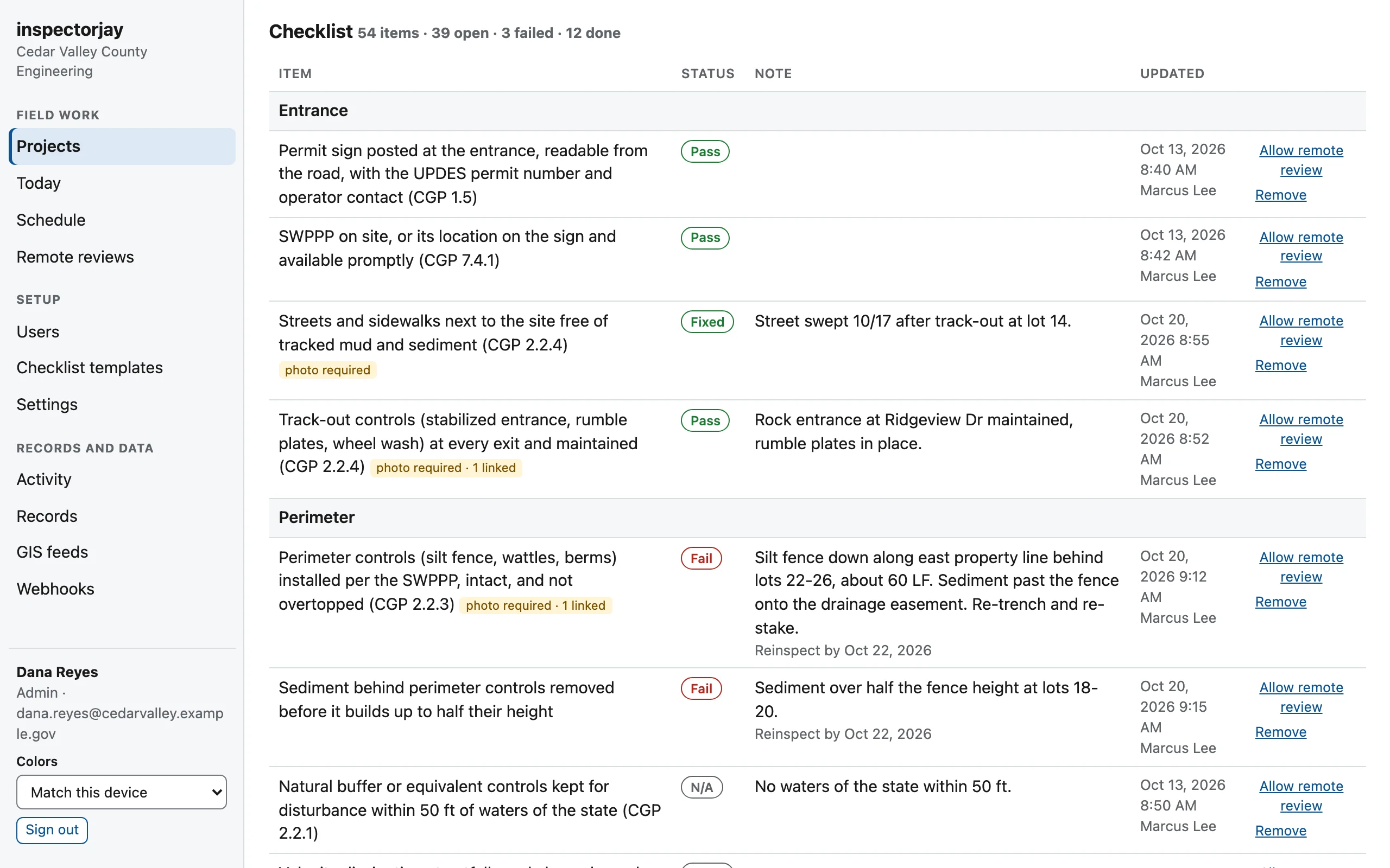 Project checklist in the office view: each item with its status, note, and reinspection date, and the inspector and time of the last change.