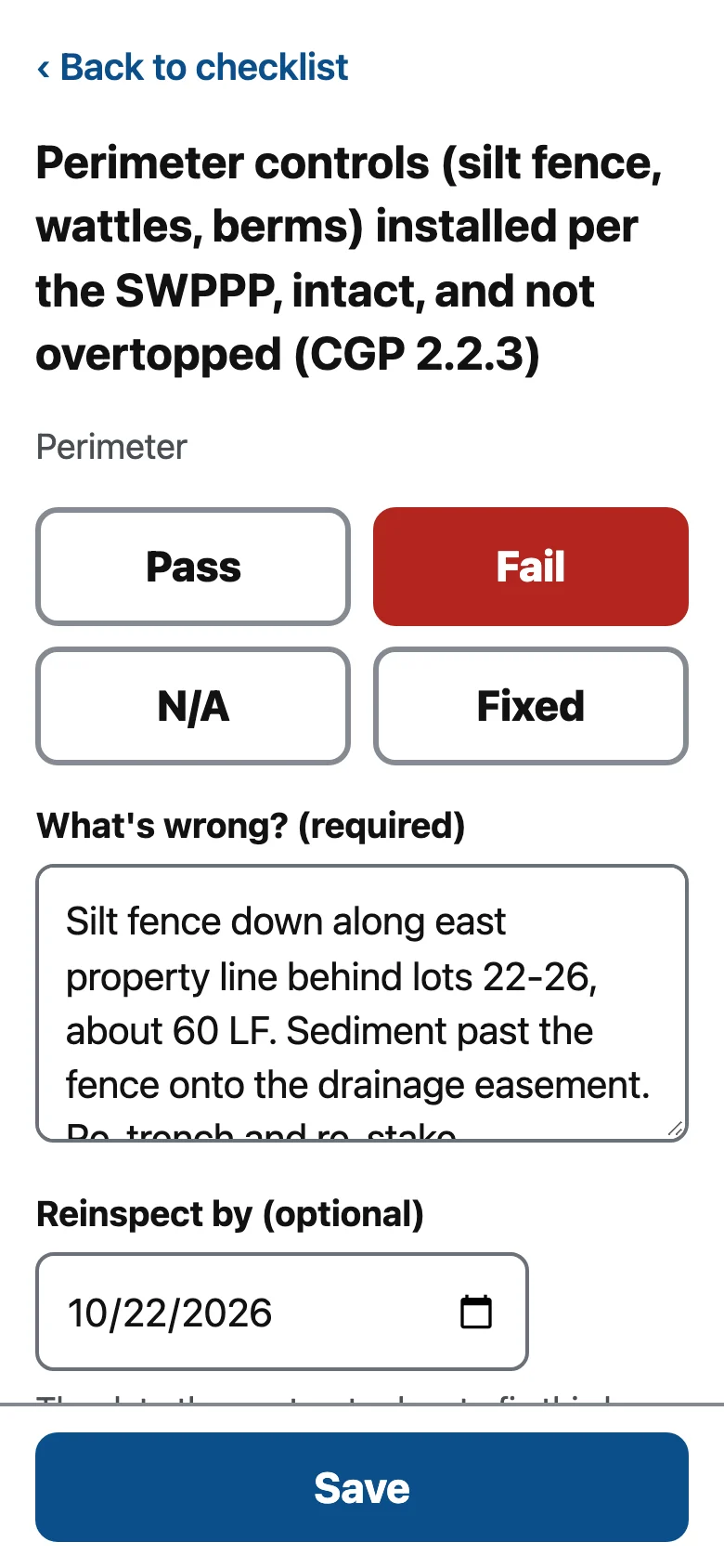 A failed checklist item for perimeter controls, citing CGP 2.2.3, with a required note and reinspection date.