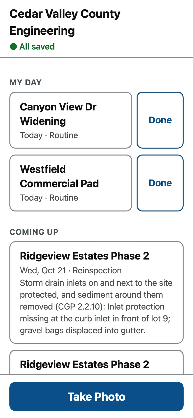 Inspector home screen with the sync status, All saved, at the top, above the day's assigned visits.