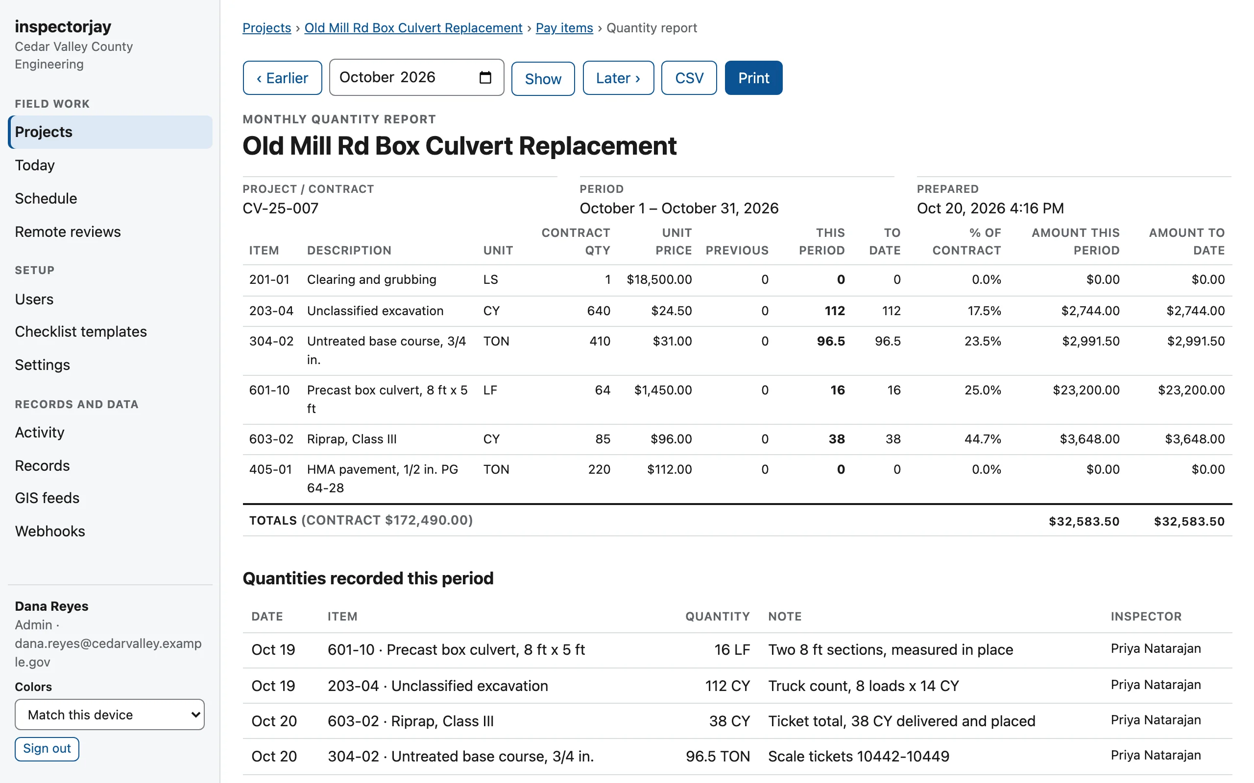 Monthly quantity report for a box culvert replacement: pay items with contract quantity, unit price, this period, to date, and percent of contract, and the daily quantities behind them.