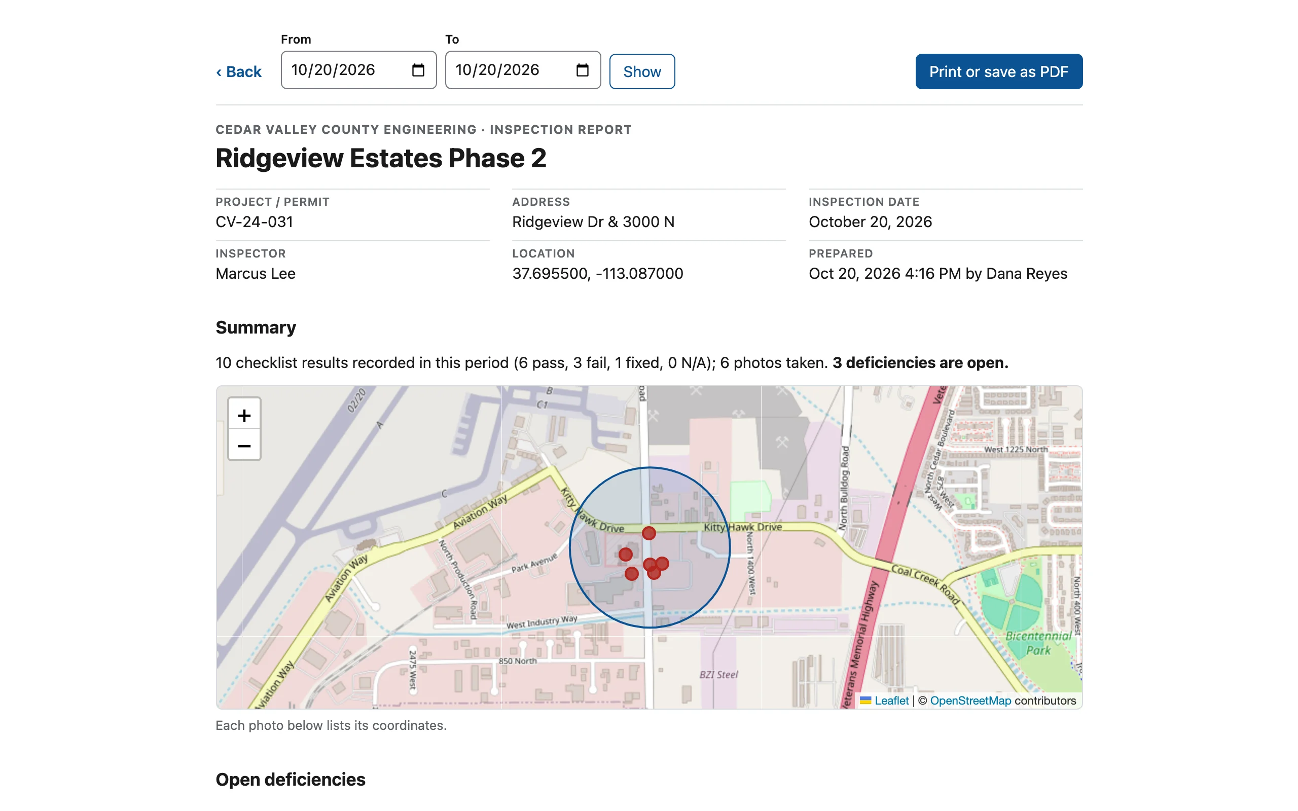 Inspection report for Ridgeview Estates Phase 2 with project details, a summary of results, and a site map with photo locations.