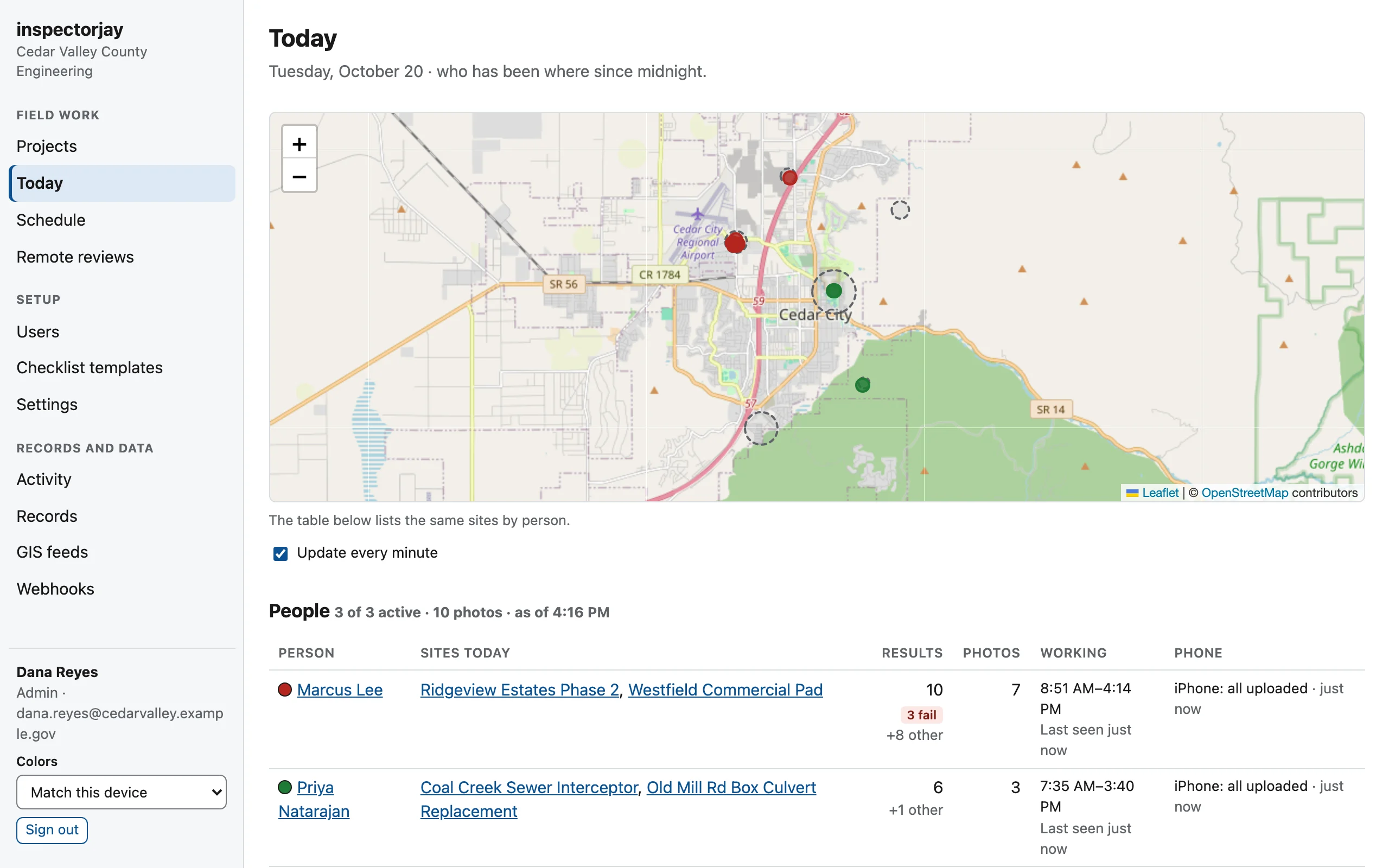Today page: a map of inspectors' sites around town and a table of each inspector's sites, results, photo counts, and hours.